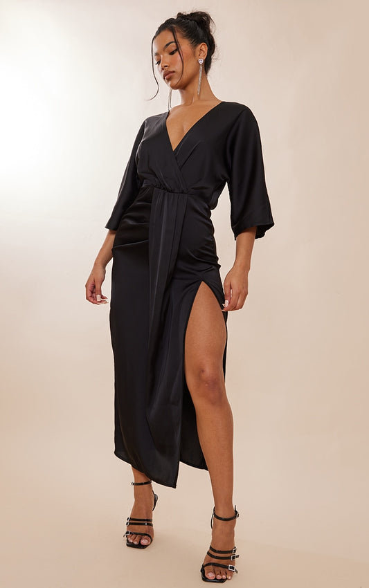 Black Satin Batwing Plunge Split Midaxi Dress